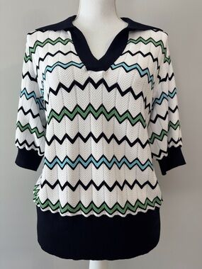 Talbots Chevron Knit Top in White, Navy, Green & Blue